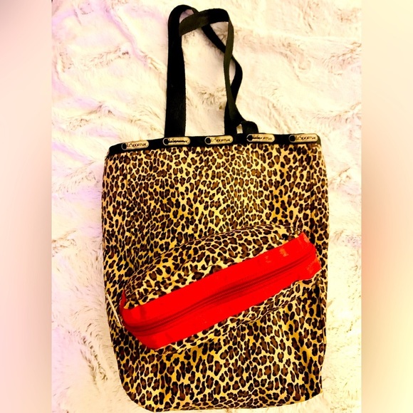 Le Sport Sac Sexy Cheetah 🐆 Print Tote w/matching makeup pouch w/chic red trim - Picture 4 of 6